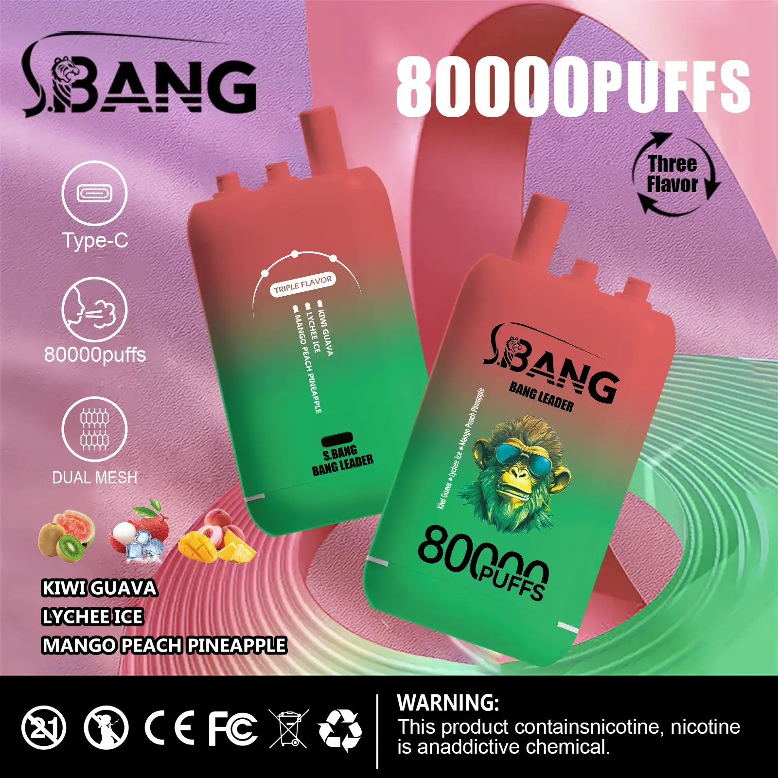 Kiwi-Passion-Lychee-Ice-Mango-Peach-Pine.jpg.webp Bang Leader 80000 80k Puffs 78ml Einweg-E-Zigarette Original – Bild 8