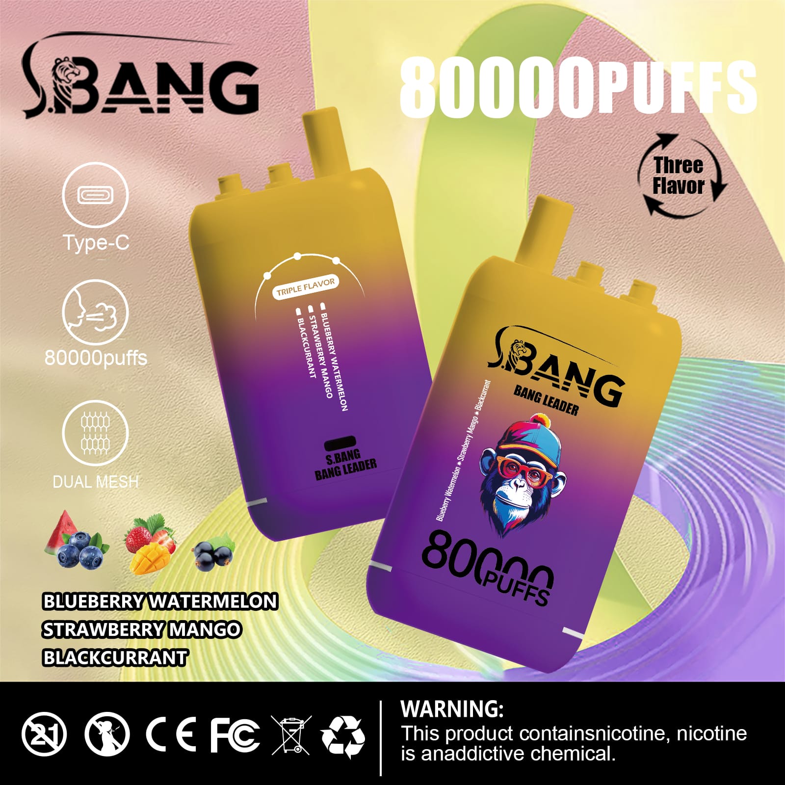 Blueberry-Watermelon-Strawberry-Mango-Blackcurrant.jpg Bang Leader 80000 80k Puffs 78ml Einweg-E-Zigarette Original – Bild 10