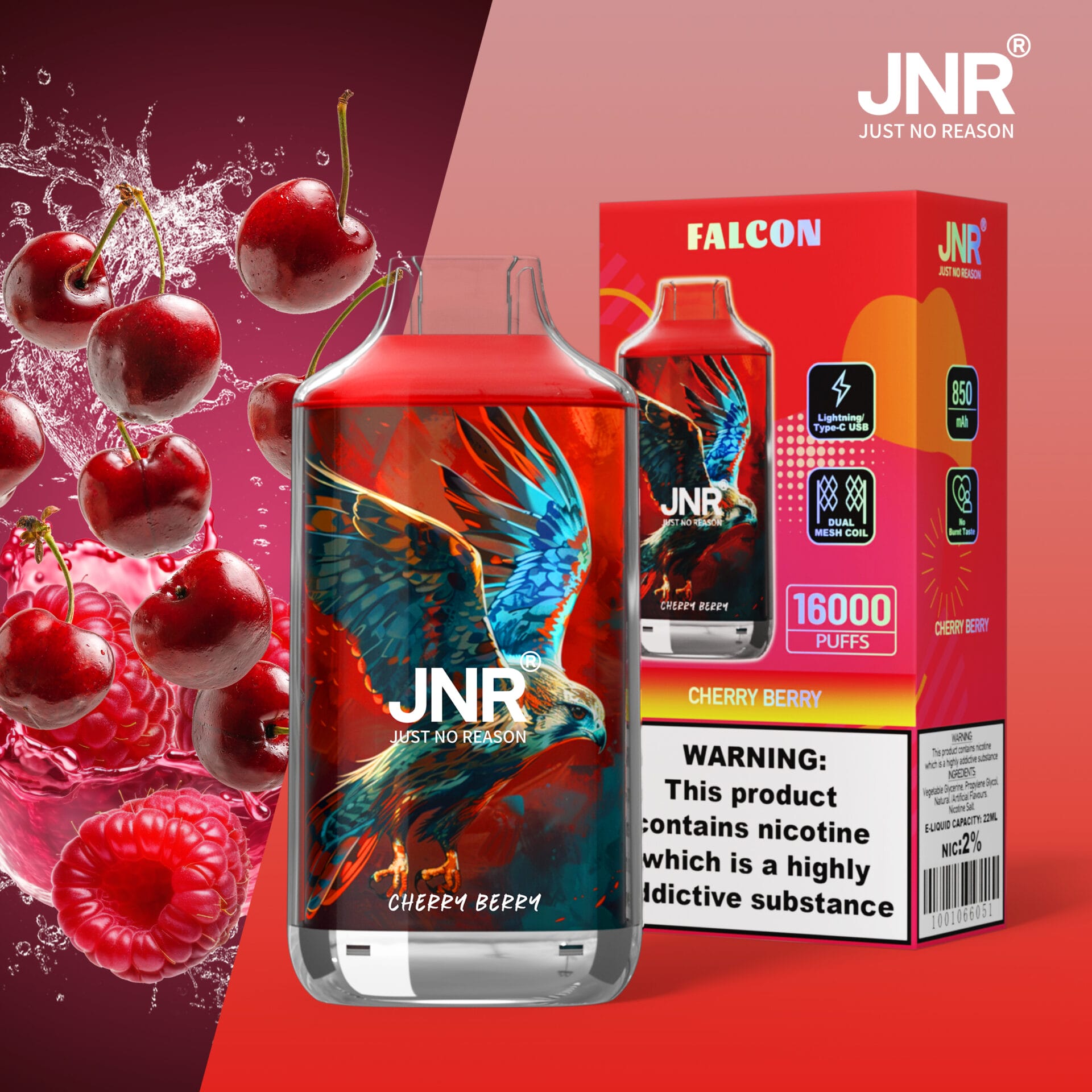 Cherry-Berry-FN26.jpg JNR FALCON 16000 Puffs 22ml Einweg-E-Zigaretten Dual Charging Ports Original – Bild 6