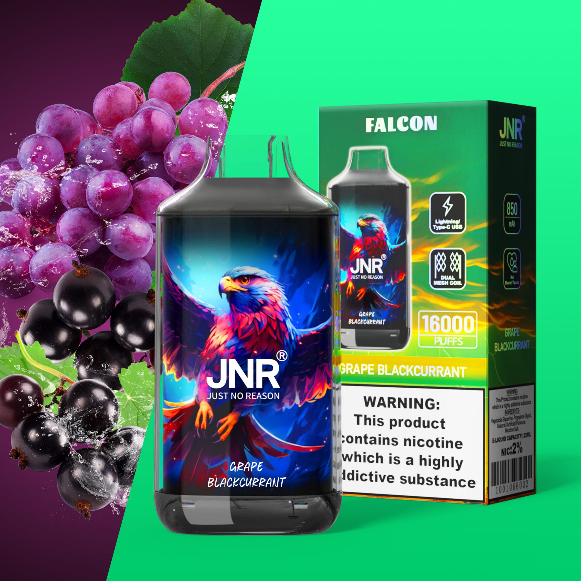 Grape-blackcurrant-FN06.jpg JNR FALCON 16000 Puffs 22ml Einweg-E-Zigaretten Dual Charging Ports Original – Bild 3