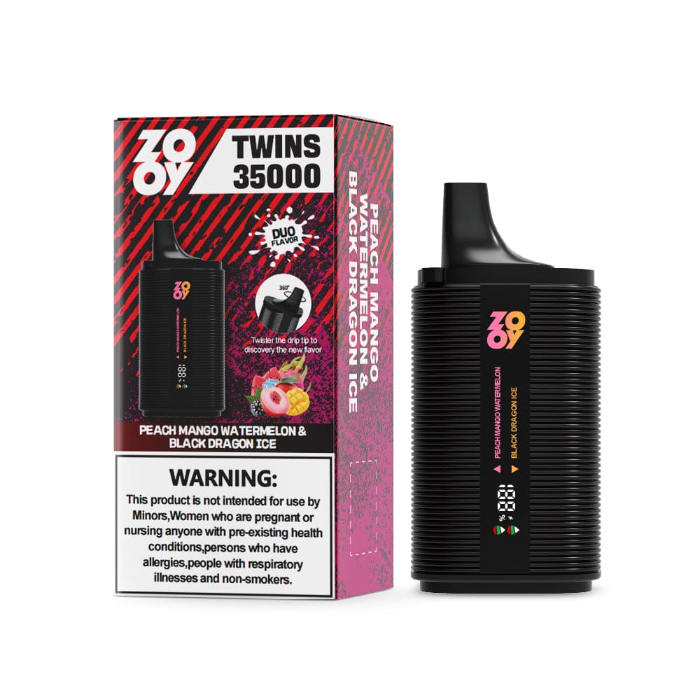 Peach-Mango-Watermelon-Black-Dragon-Ice_c70421ee-5b45-42f2-9523-7d51e006467b.jpg ZOOY TWINS 35000 35K Puffs 30ml Doppelgeschmack Einweg-E-Zigarette – Bild 12